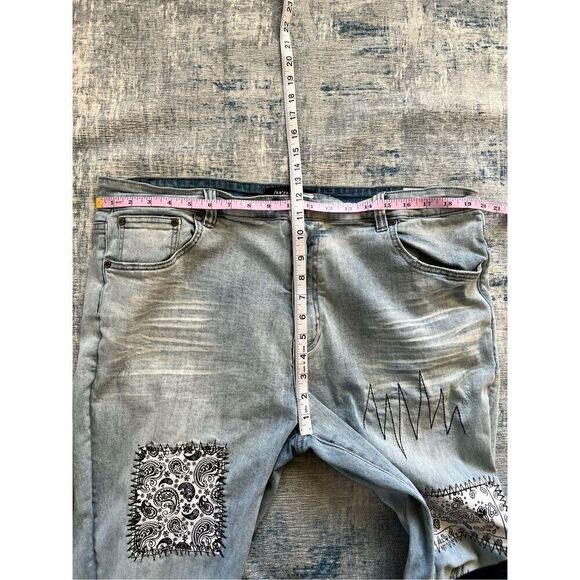 Serenede Light Wash Vanilla Sky Patched Denim Men's Skinny Jeans 42 x 32 - Picture 7 of 8